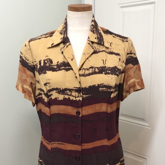 Vintage Desert Sunset Button Up Maxi Shirt Dress Sz 12 Tan Burgundy Brown - Picture 3 of 9